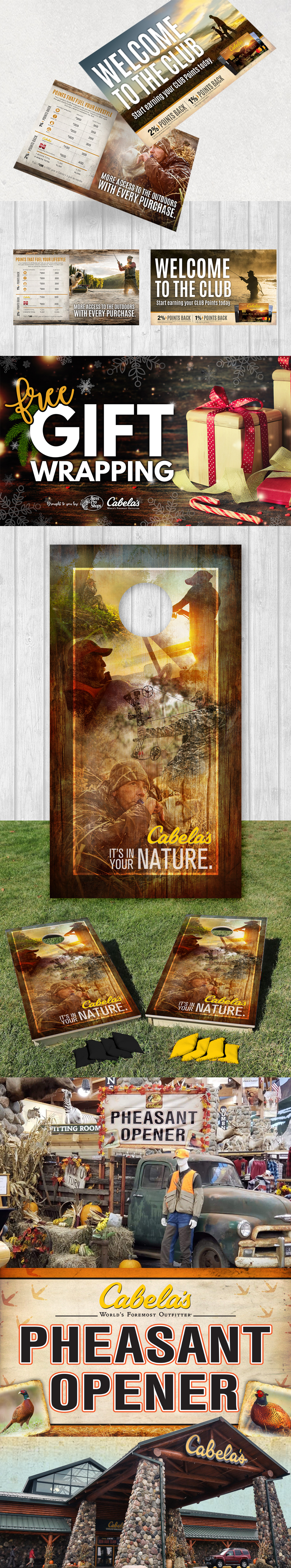 Cabela's artwork. Banners, postcards, and corn hole board